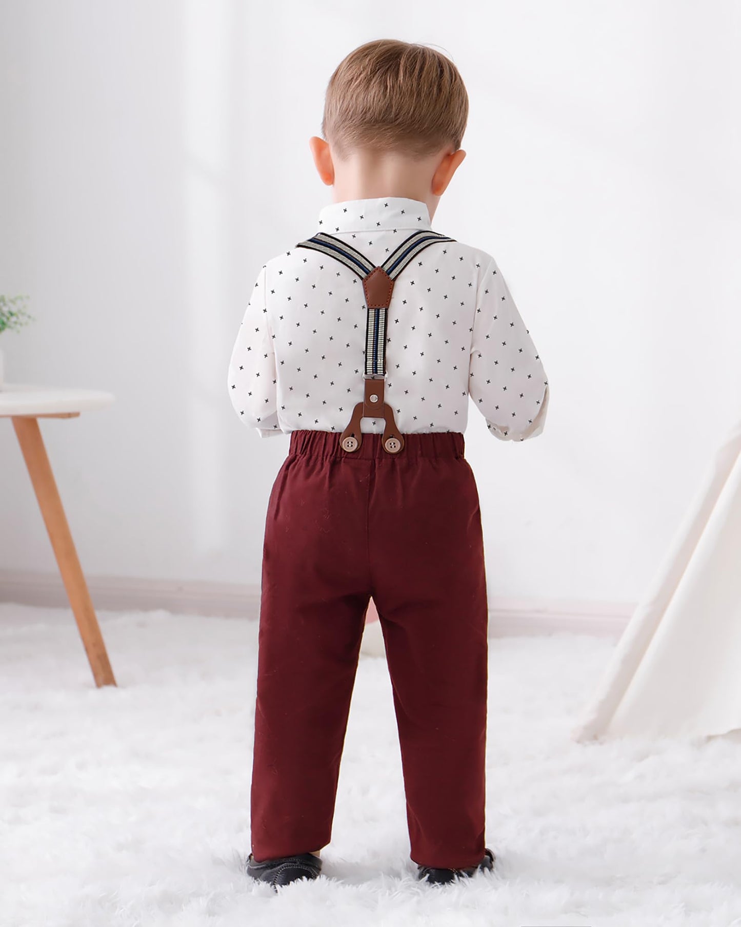 Disaur Toddler Boy Wedding Outfits Short Sleeve White Flower Dress Shirt Bow Tie Suspender Christmas Red Plaid Pants Baptism Out