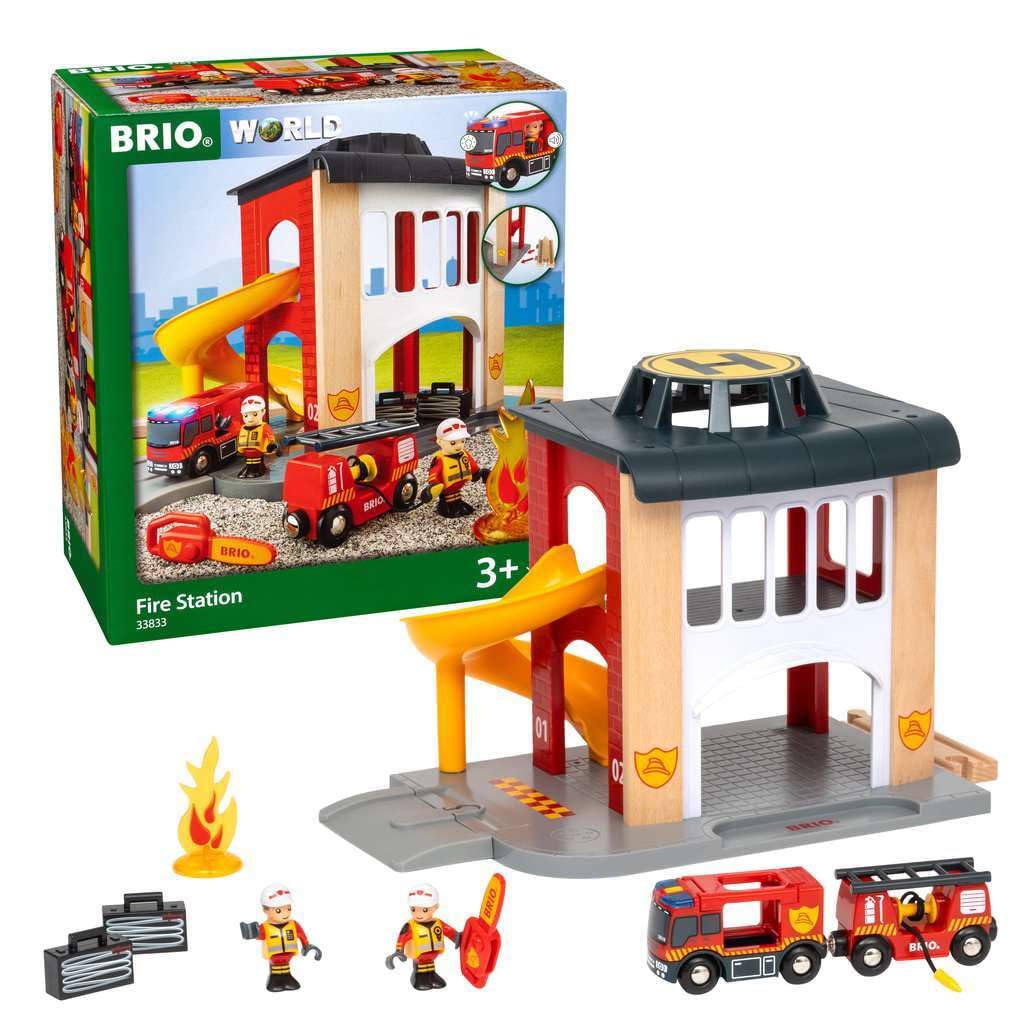 BRIO 33833 World Central Fire Station - Interactive Toy Set with Fire Truck and Accessories | Light and Sound Features | Compati