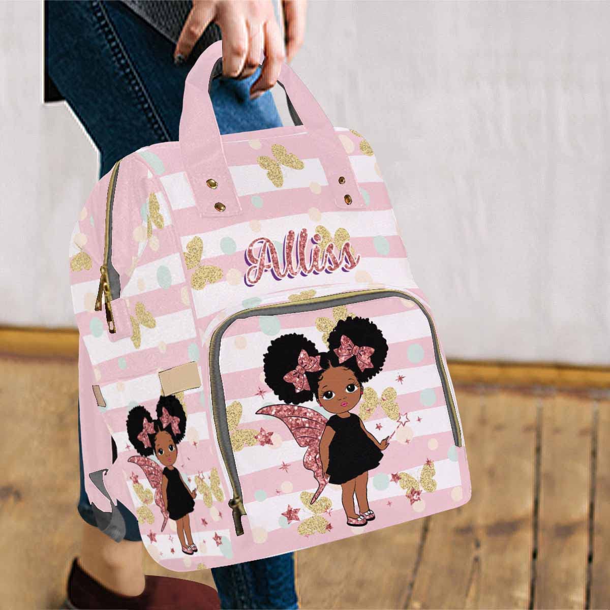 Artsadd Customized Baby Girl Diaper Backpack, Pink Stripe Dots Nappy Backpack Personalized Name Baby Bags With Insulated Pockets