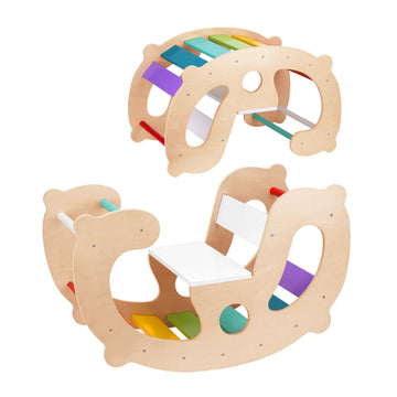 Oook 2 In 1 Rainbow Climbing Toys - Pikler Montessori Climbing Set, Wooden Rocking Horse Toy, Children Indoor Outdoor Play Gym L