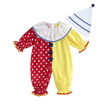 Aiwpstoin Toddler Baby Clown Costume Boy Girl Funny Halloween Outfit Contrast Color Long Sleeve Jumpsuit with Hat (Red, 12-18 Mo