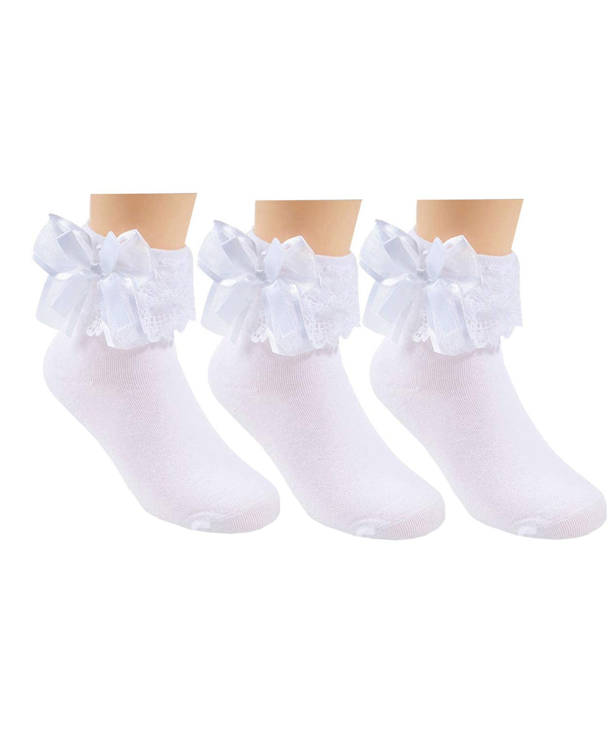 Baiyixin 3 Pack Little Girls Cotton Lace Ruffle Princess Style Dress Socks(2T-12T) White