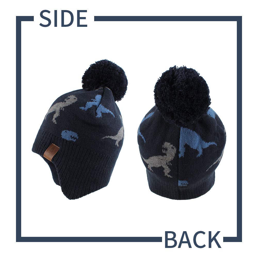 Kids Winter Pompom Hat Scarf Set Warm Knitted Toddler Fleece Cap Baby Girl Twist Earflap Hats (Dinosaur Navy Hat,Xs)