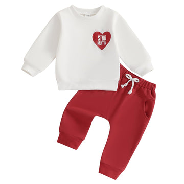 Baby Boy Valentines Day Outfit Letter Print Crewneck Sweatshirt Tops Pants Cute Valentines Day Baby Boy Outfit Clothes (A-White