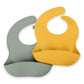 Silicone Bib 2-Pack: Safe, Non-Toxic, Food-Grade. Waterproof, Adjustable Neck Band, Easy-Clean Pouch Catcher. (Mustard/Green)