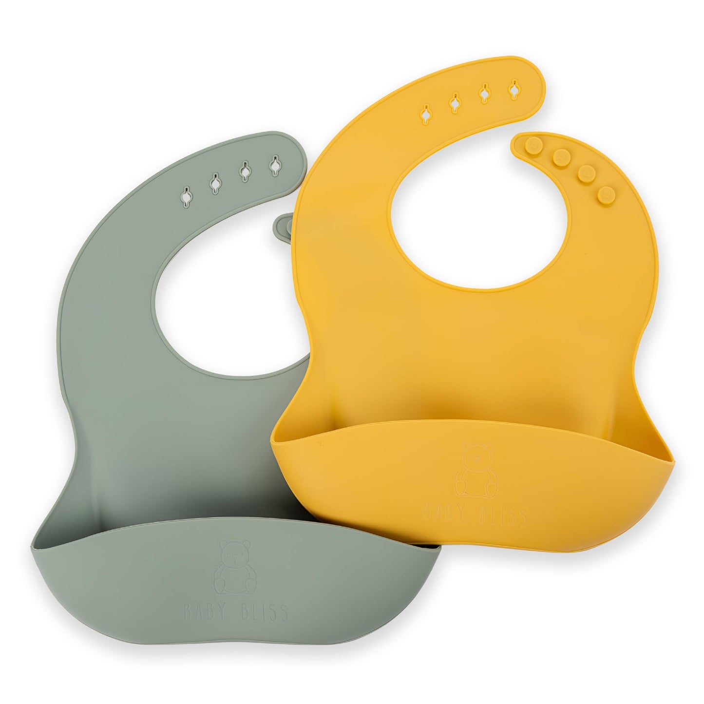 Silicone Bib 2-Pack: Safe, Non-Toxic, Food-Grade. Waterproof, Adjustable Neck Band, Easy-Clean Pouch Catcher. (Mustard/Green)
