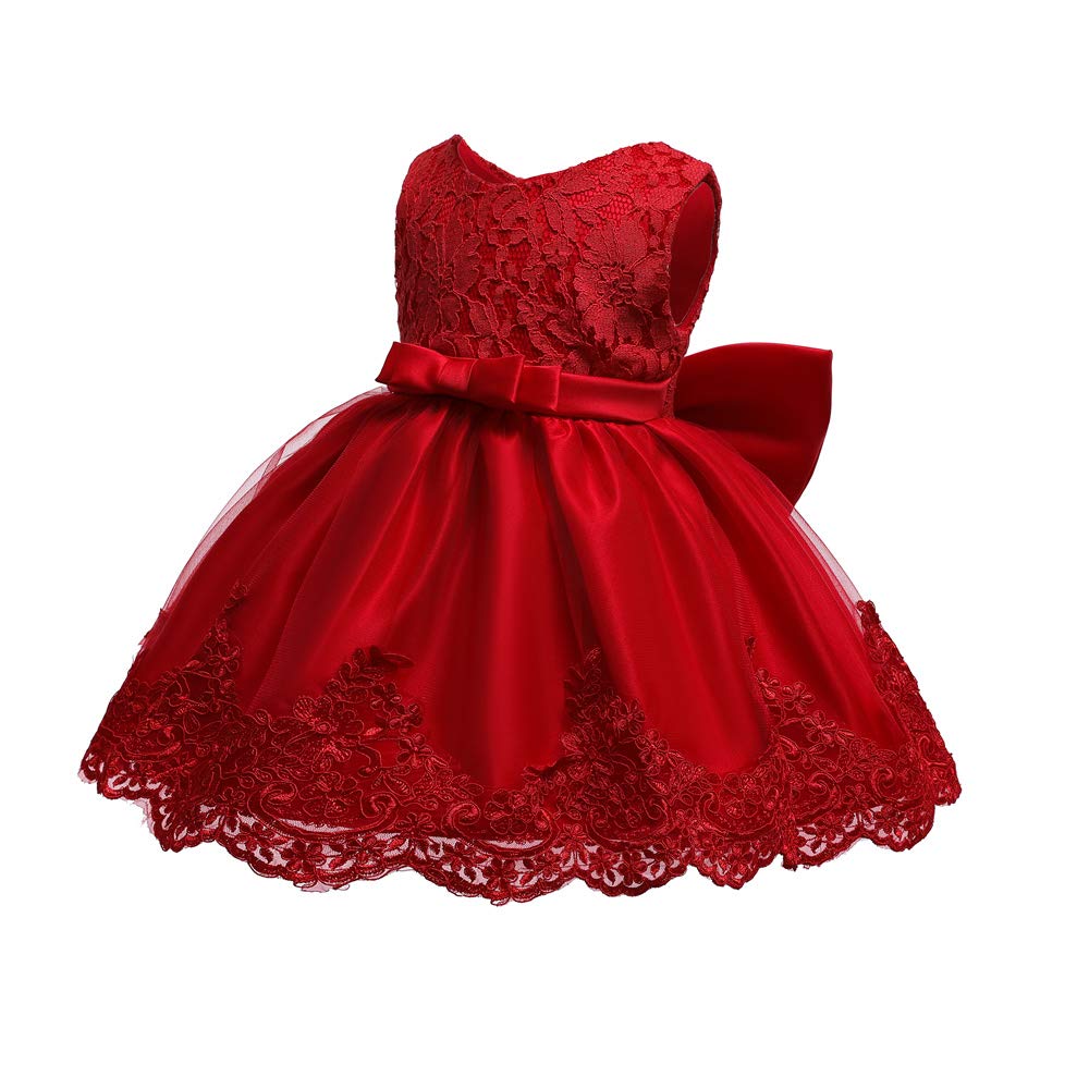 Lottle Girls Christmas Embroidery Lace Dresses Infant Easter Halloween Wedding Formal Event Dress(Red,120) 5-6 Years