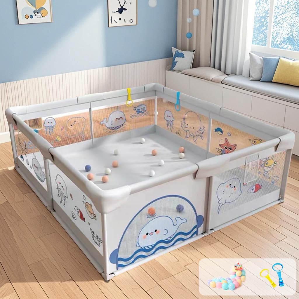 Dawnwake 150X180 Cm Playpen For Babies Upto 5 Years Playard With Pit Balls And 2 AntiFall Grasp Rings, Kids Activity Center Wit