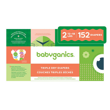 Babyganics Size 2, 152 Count, Absorbent, Breathable, Triple Dry Protection Diapers