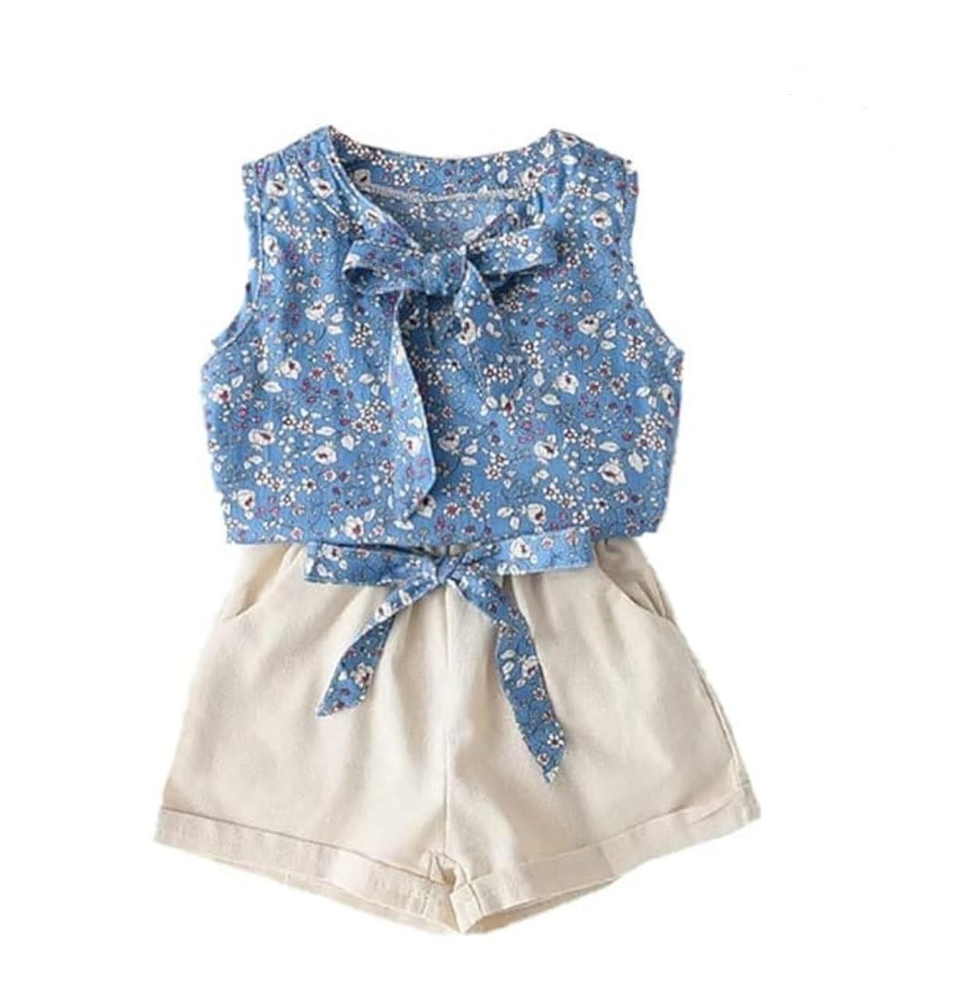 Bold N Elegant Cute Flower Printed Girls Cotton Sleeveless Top And Shorts Clothing Set For Infant Toddler Baby Girl (Flower  Bl