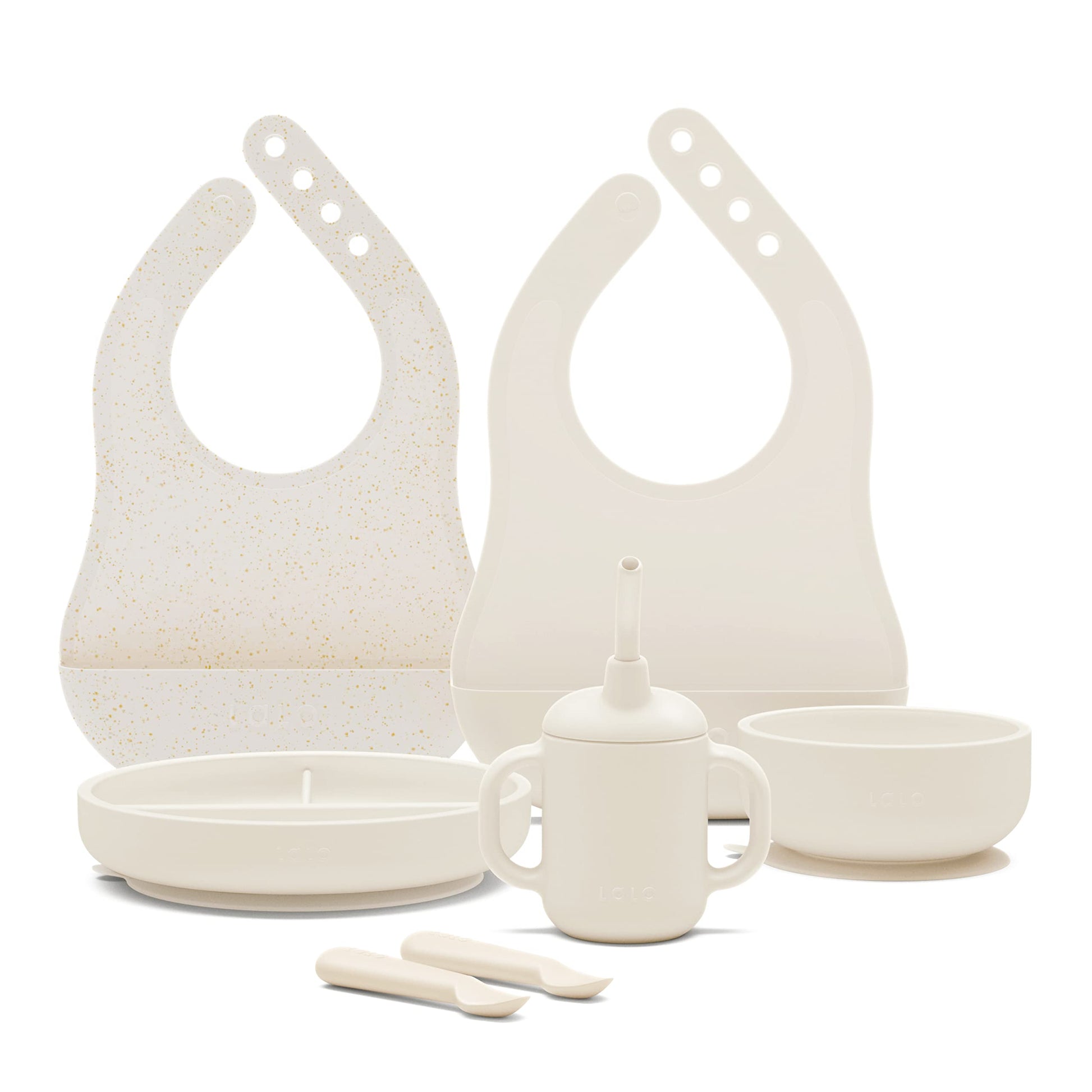 Lalo First Bites Silicone Baby Feeding Set - Baby Led Weaning Supplies - Non-Toxic Silicone - Includes 2 Bibs, 2 Spoons, Trainin