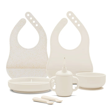 Lalo First Bites Silicone Baby Feeding Set - Baby Led Weaning Supplies - Non-Toxic Silicone - Includes 2 Bibs, 2 Spoons, Trainin