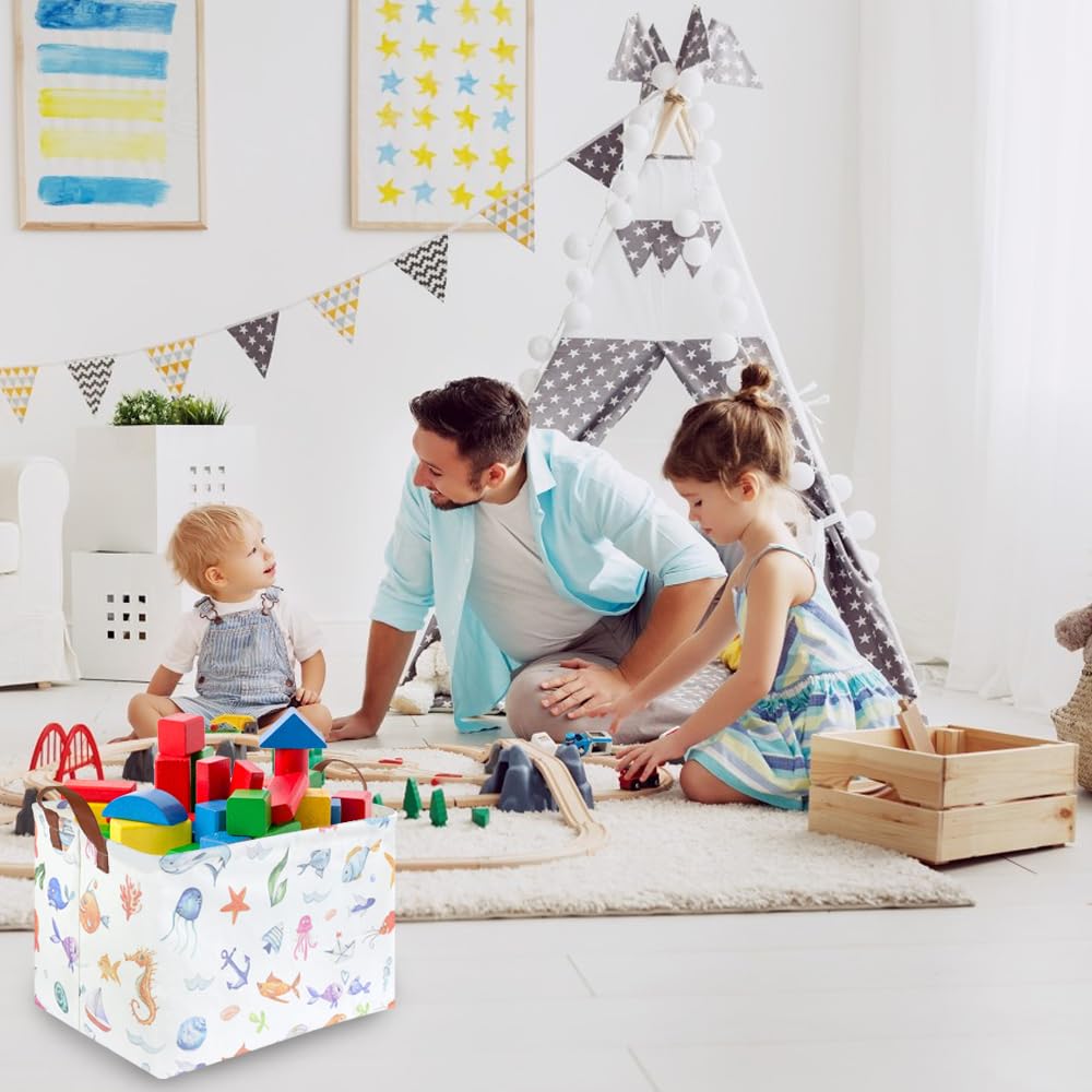 Fxocshe Rectangle Fish Basket,Ocean Animals Waterproof Kids Foldable Laundry Basket,Nursery Hamper,Boys And Girls Hamper,Kids Ro