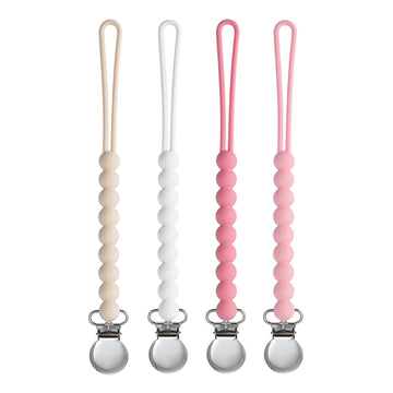 Pacifier Clip for Boys Girls - MORIBOX 4 Pack Paci Clip Soothie Baby Binky Holder for Shower Gift Birthday (Beige+White+Pink+Dpi