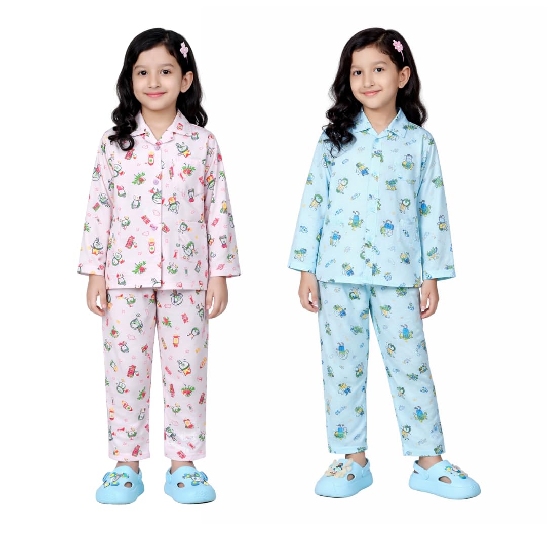 BORNLOV Girls Printed Pajama Set, Long Sleeve Shirt and Pants, Pink and Blue, 2 Pack  (5 Years6 Years)