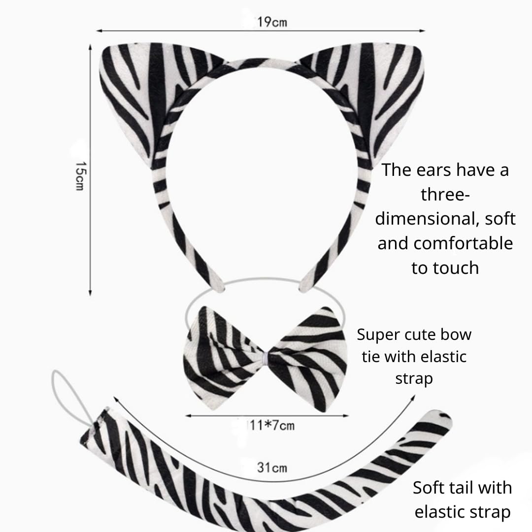 Kirei Sui 3-Piece Funny Zebra Costume Set With Ears Headband Bow Tie Tail Halloween Dress Up For Kids & Adults