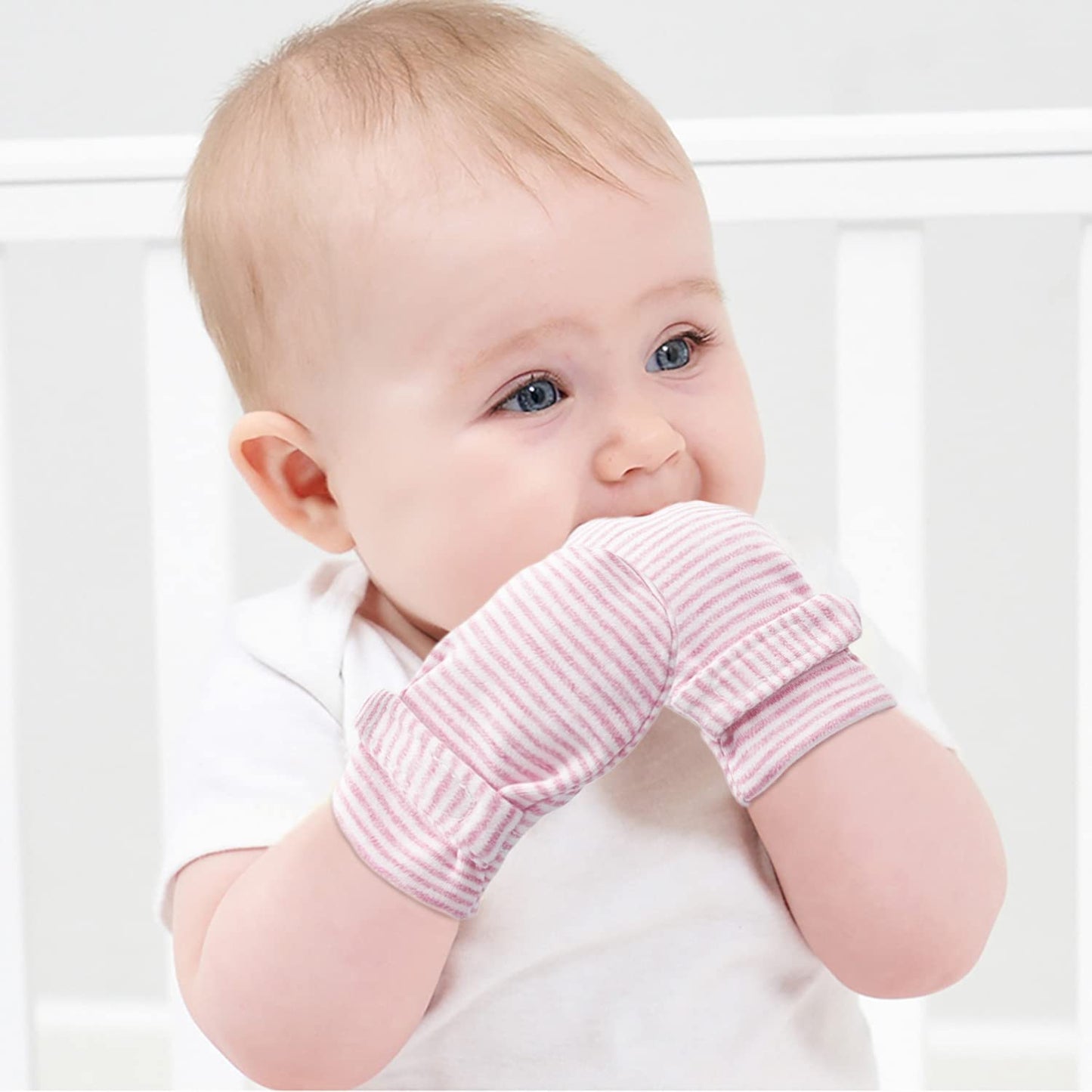 Newborn Baby No Scratch Mittens Stay On, 100% Cotton Breathable, Adjustable Infant Gloves For Baby Boys Girls Mittens (Pink Stri
