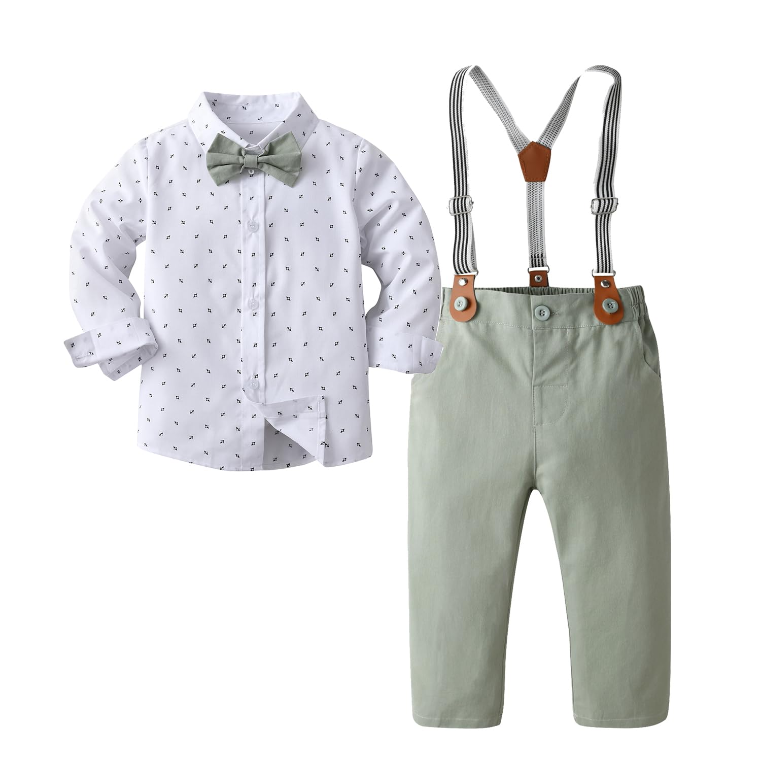 Boarnseorl Baby Boys Gentleman Outfits Pants Sets, Infant Long Sleeve Shirt + Pants + Bow Tie + Suspenders,12-18M