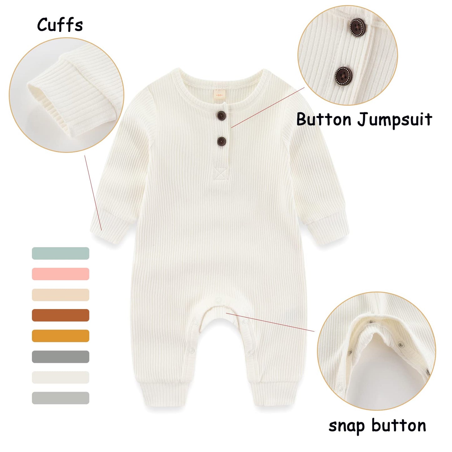 Iadoer Newborn Baby Boys Girls One Piece Romper With Mitten Cuffs 3 Pack Long Sleeve Ribbed Button Jumpsuit Outfit Clothes White