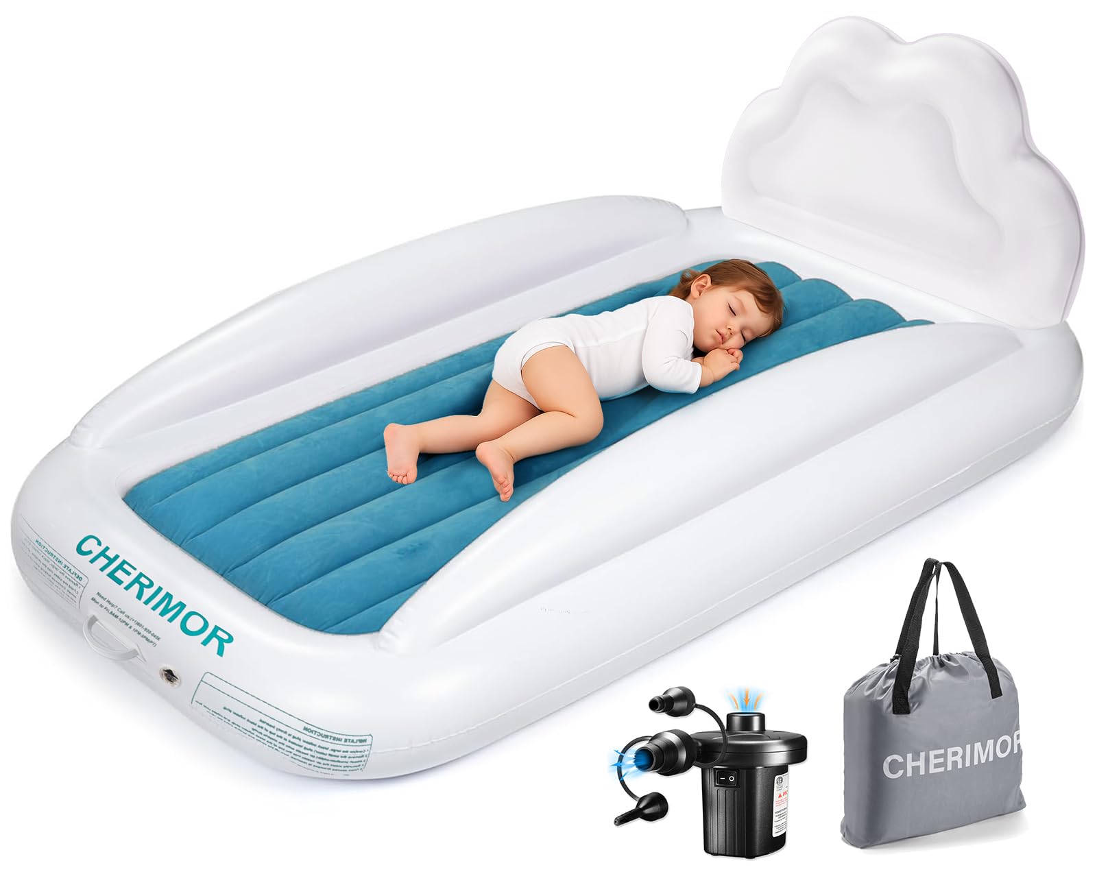 CHERIMOR Toddler Air Mattress with Electric Pump, Inflatable Toddler Travel Bed with Safety Sides, Portable Kids Blow Up Mattres