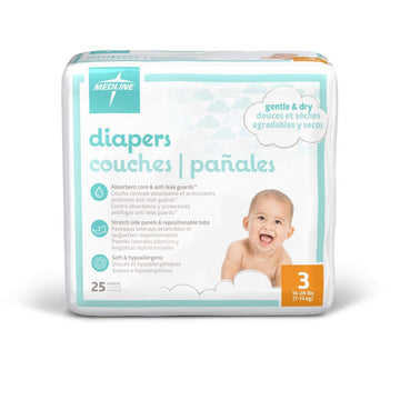 Medline Premium Disposable Baby Diapers, Absorbent & Ultra-Soft For Delicate Skin, Size 3 (16-28 Lbs), 200 Count (8 Packs Of 25)