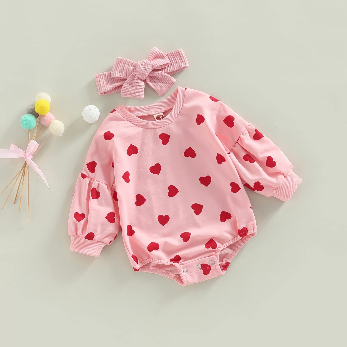 Engofs Newborn Baby Girl Boy Valentine'S Day Outfit Long Sleeve Hearts Sweatshirt Romper With Headband Fall Winter Clothes Pink