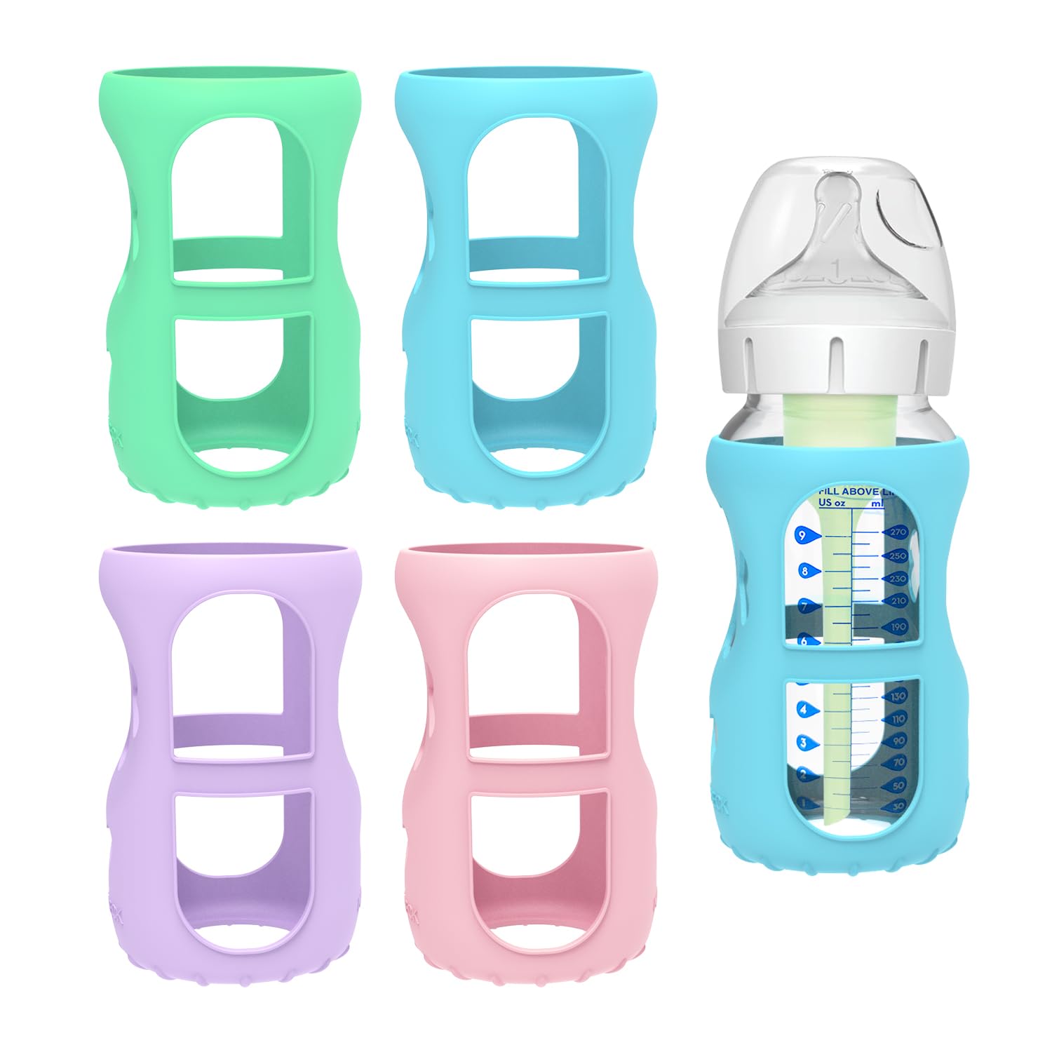Morlike 4 Pack Silicone Sleeves Fit For 9 Oz/270 Ml Dr. Brown'S Wide Neck Glass Baby Bottle, 100% Silicone Covers Protect Baby G