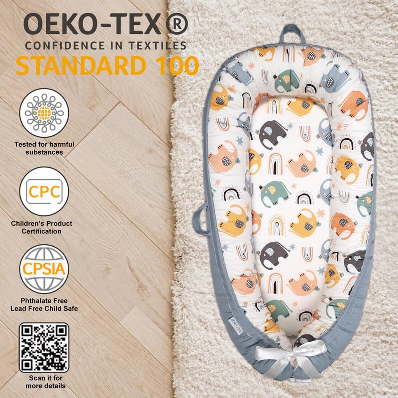 Jocute Baby Lounger Large Size, Cotton Breathable Baby Lounger Pillow Cover Waterproof, Infant Lounger For Travel, Grey Protable