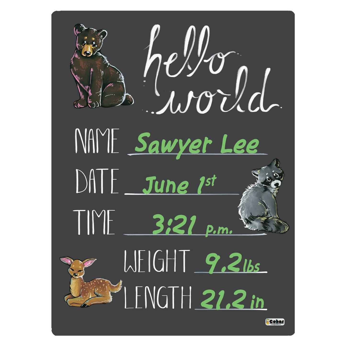 Cohas Hello World Newborn Baby Announcement Chalkboard Sign With Mountain Animal Theme, 12 By 16 Inches, No Marker