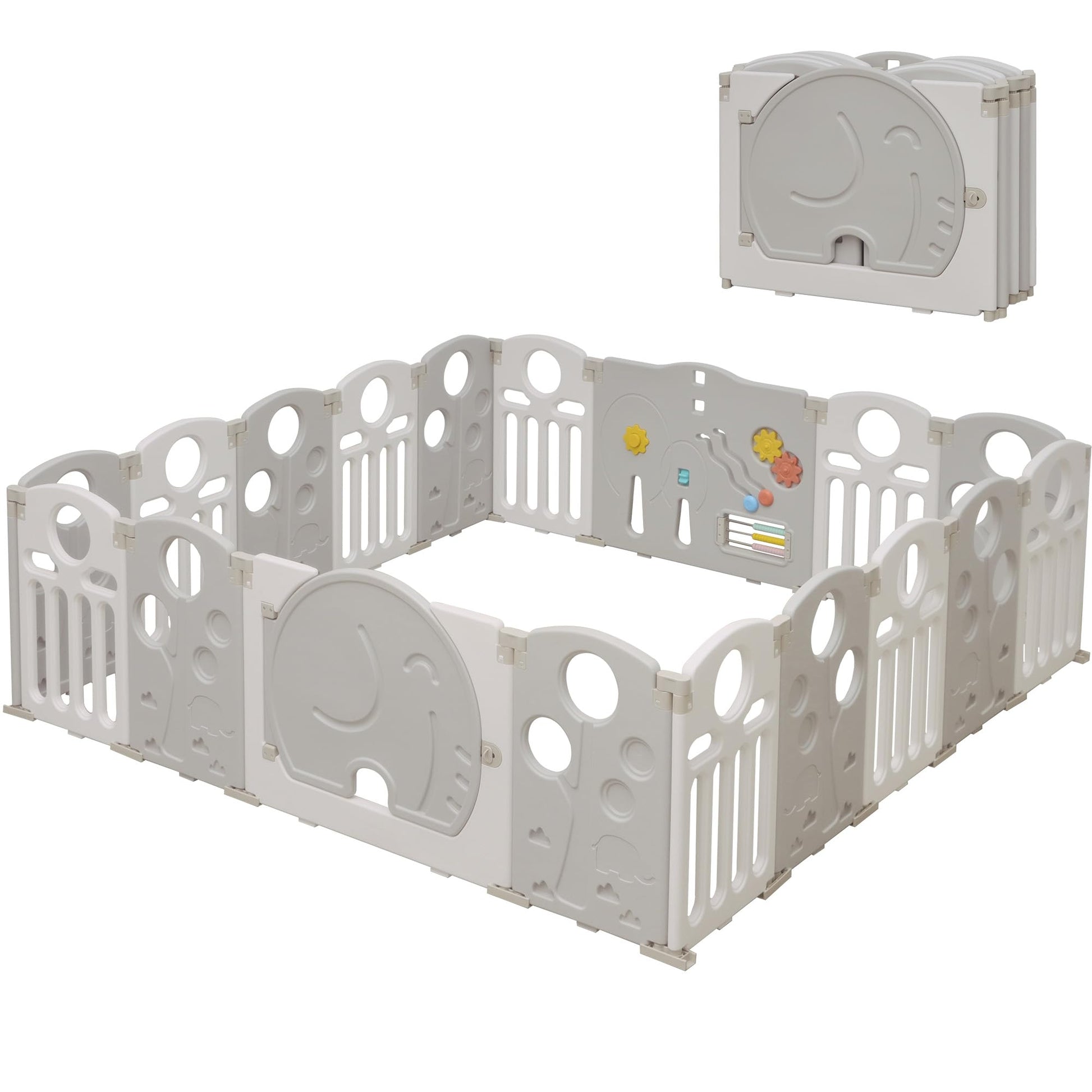 HAPPYMATY Baby Playpen, 18-Panel Foldable Play Pen for Babies and Toddlers, Indoor Outdoor Baby Fence with Sensory Play Panel, A
