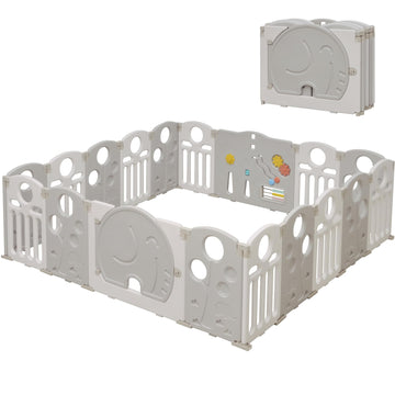 HAPPYMATY Baby Playpen, 18-Panel Foldable Play Pen for Babies and Toddlers, Indoor Outdoor Baby Fence with Sensory Play Panel, A