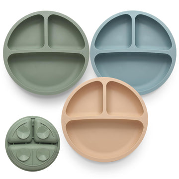 Eascrozn Toddler Plates 3 Pack, Divided Suction Plates For Baby, 100% Food Grade Silicone Baby Plates, Non-Slip, Baby Led Weanin
