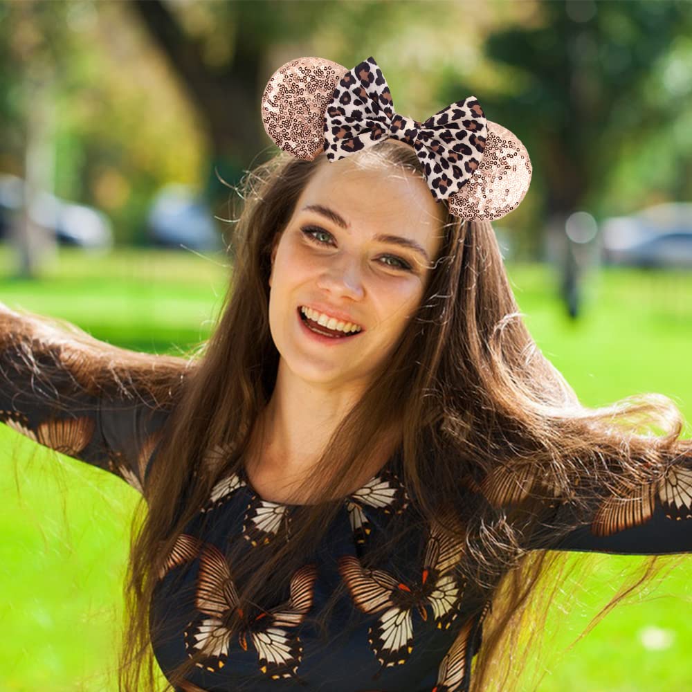 Leopard Mouse Ears Headband For Women - Princess Dress Hair Accessory And Park Decoration (Rose Gold)