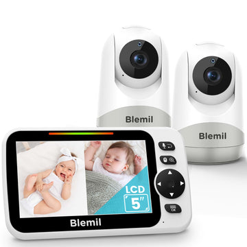 Blemil Upgrade Baby Monitor With 30-Hour Battery, 5' Large Split-Screen Video Baby Monitor With 2 Cameras And Audio, Remote Pan