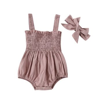 Newborn Baby Girl Bodysuit Sleeveless Halter Frill Romper One-Piece Jumpsuit With Headband Summer Clothes Set (Pink Solid, 0-3 M