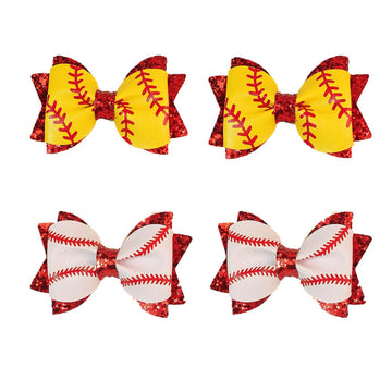 Danyarts 4PCS Baby Girl Hair Bow Clips Baseball and Softball Glitter Hair Bow Clips for Girls, Faux Leather Double Layer Sequin,