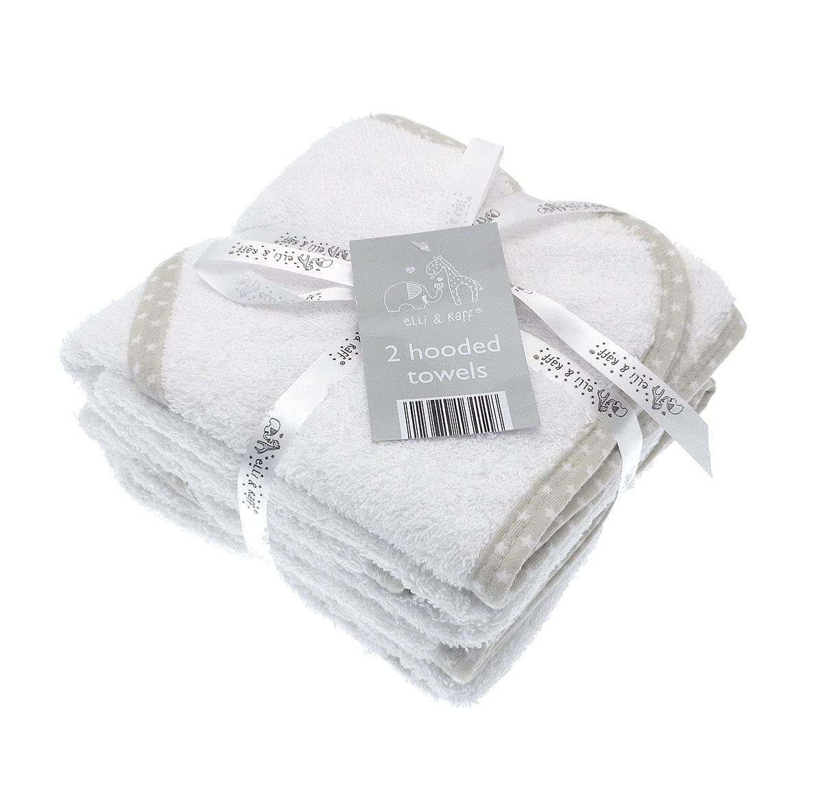2 Soft White Elli and Raff Baby Hooded Bath Time Towel 100% Cotton Baby Gift (White)
