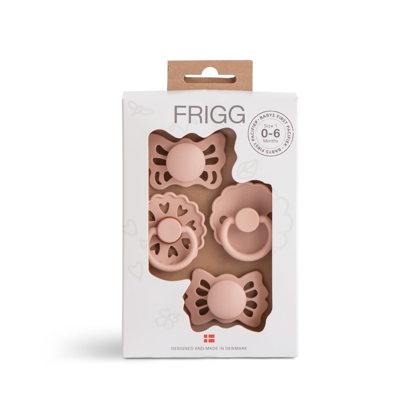 FRIGG Babys First Pacifier Set | Floral Heart 4-Pack | Made in Denmark | BPA-Free (Blush, 0-6 Months)