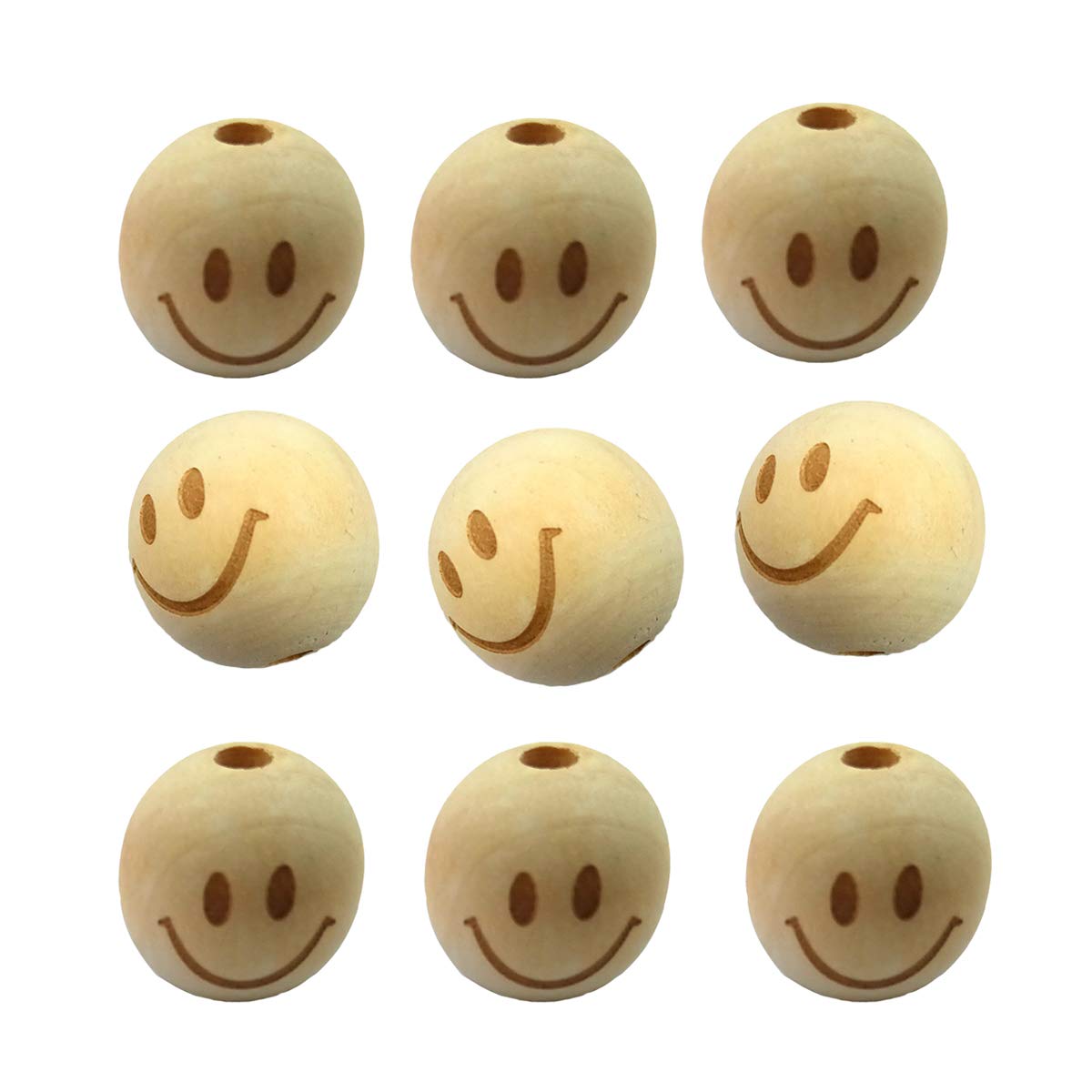 Alenybeby 50pcs 20mm Round Natural Wood Beads Laser Printing Smile face Beads Necklace Wooden Beads for Key Chain Jewelry Making