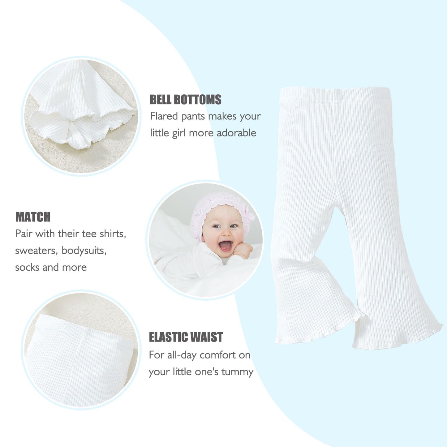 Sobowo 6-9 Month Girl Pants Toddler Baby Girl Flare Pants 3 Pack Solid Ribbed Ruffle Bell Bottoms Leggings Fall Outfits(White/Ye
