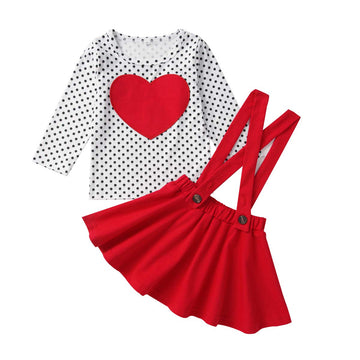 Xfglck Toddler Baby Girl Valentine'S Day Clothes Outfit Long Sleeve Dot Heart Long Sleeve Shirt Blouse +Suspender Skirts Set (Re