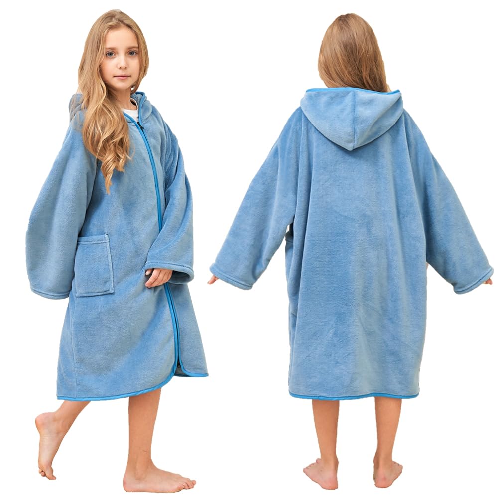 Hiturbo Kids Bath Towel Hoodie: Soft Plush Zipper Surf Poncho - Warm Fleece Changing Towels Swimming Outerwear (Blue)