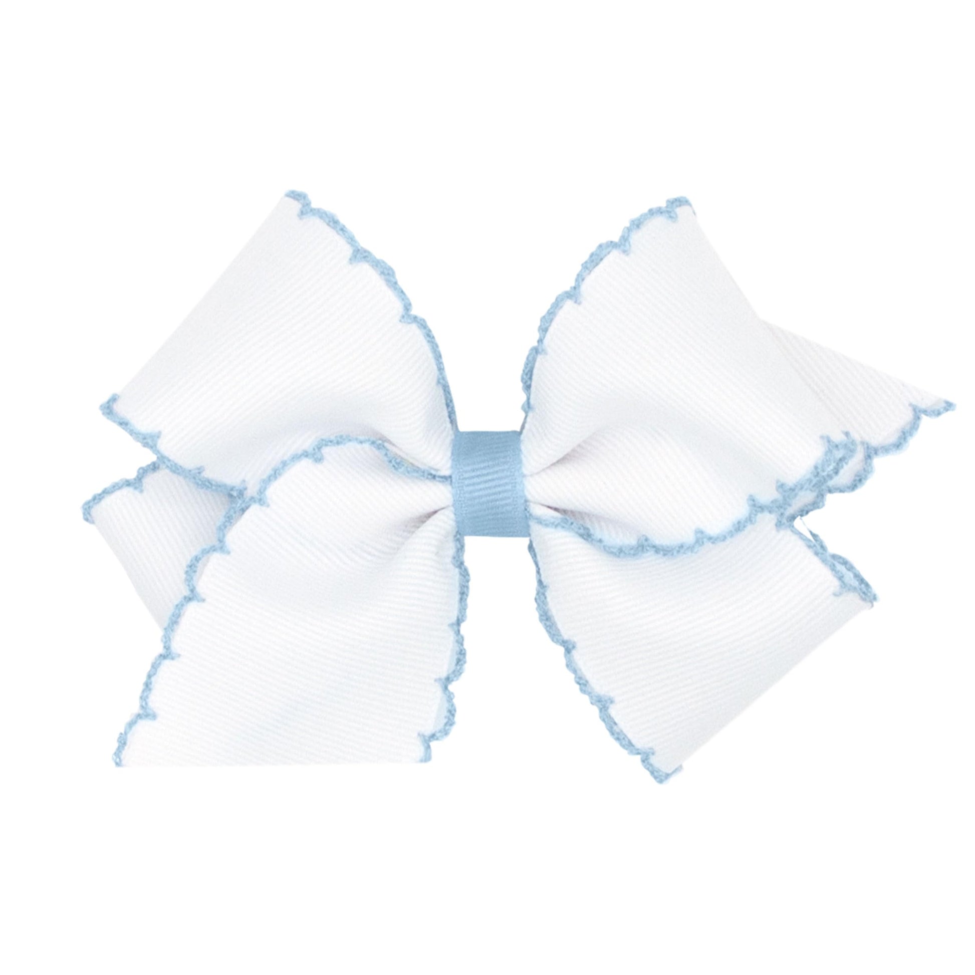 Wee Ones Girls Classic Grosgrain Moonstitch Edge Hair Bow, No-Slip Hair Clip, Handmade, White with Millennium Blue, Small
