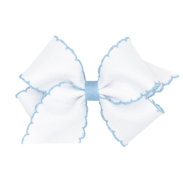Wee Ones Girls Classic Grosgrain Moonstitch Edge Hair Bow, No-Slip Hair Clip, Handmade, White with Millennium Blue, Small