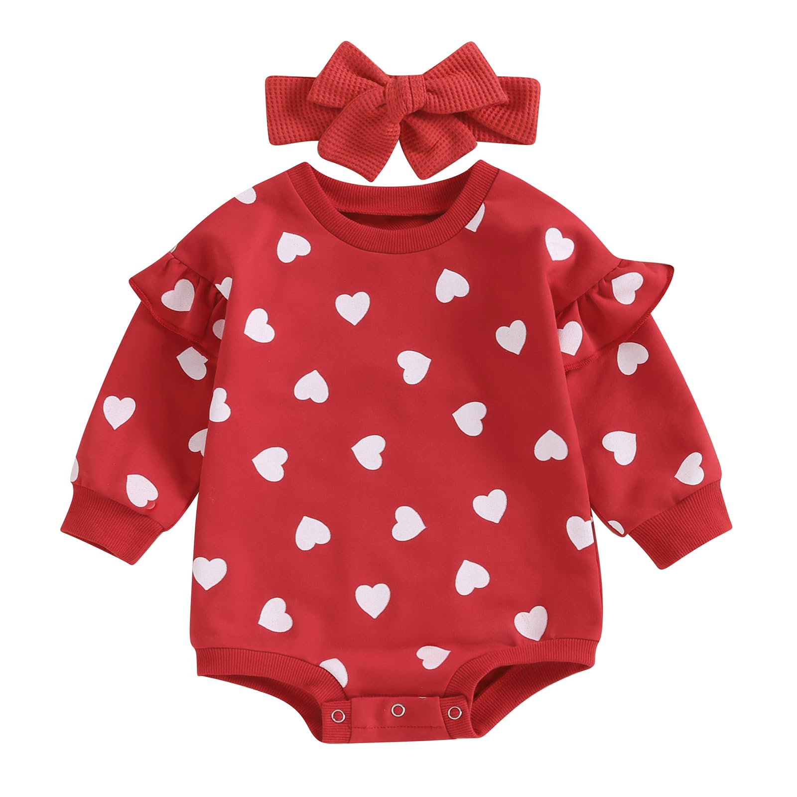 Engofs Newborn Baby Girl Valentines Day Outfit Hearts Sweatshirt Romper Headband Fall Winter Clothes Red 12-18 Months