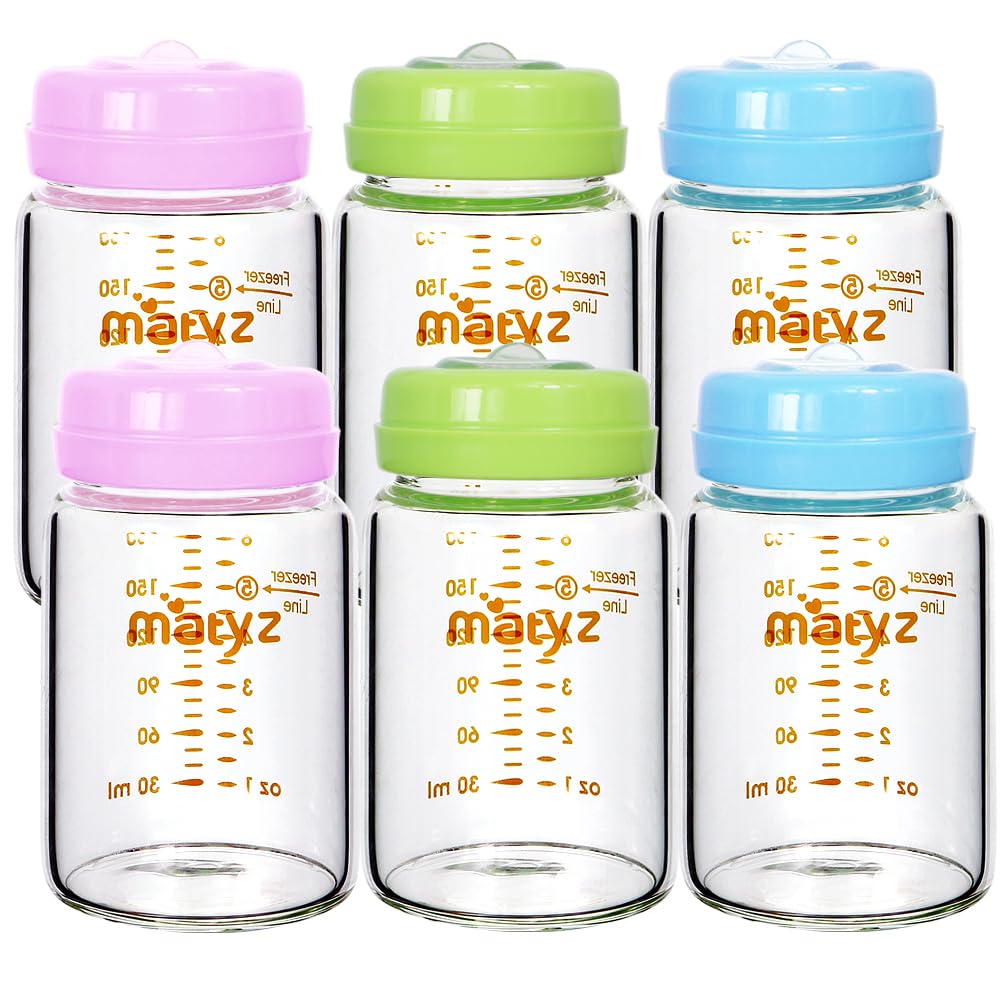 Matyz 6-Pack Borosilicate Glass Breast Milk Bottles (6 Oz, 3 Colors) - Wide Neck Breastmilk Collection And Storage Bottle - Form