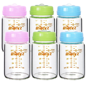 Matyz 6-Pack Borosilicate Glass Breast Milk Bottles (6 Oz, 3 Colors) - Wide Neck Breastmilk Collection And Storage Bottle - Form