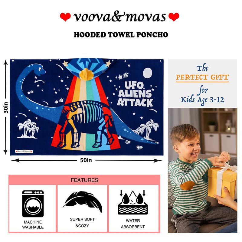Voova & Movas Dinosaur Beach Towel With Hood For Kids Age 3-10 | Soft Thick Absorbent Cotton Wrap Blanket | Beach, Pool, Swim Us