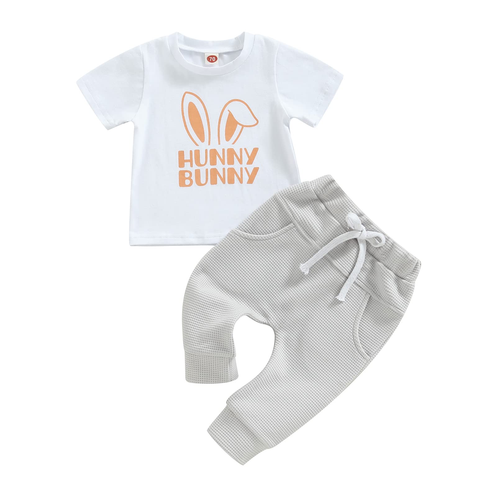 Infant Toddler Baby Boy Easter Outfits Short Sleeve Shirts Bunny T-Shirt + Pants 2Pcs Spring Summer Outfits (Bunny White, 0-6 Mo