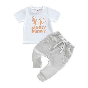 Infant Toddler Baby Boy Easter Outfits Short Sleeve Shirts Bunny T-Shirt + Pants 2Pcs Spring Summer Outfits (Bunny White, 2-3 Ye